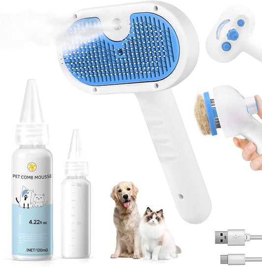 Pet Steam Brush for Dog & Cat - 3-in-1 Steam Grooming Brush for Shedding & Hair Removal - Self Cleaning Spray Comb with Mist for Long Haired Pets, Blue(waterless shampoo not include)