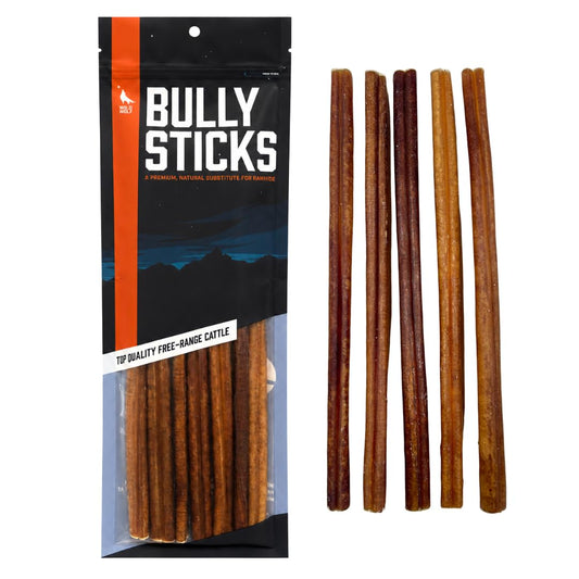 Wild Wolf 12-inch Angus Bully Sticks (8oz./~5 Sticks) Healthy, All-Natural, Long-Lasting Dog Chew Bones - Low Odor - Mixed Thickness - Lab-Tested, Hand-Inspected and Packed with Love in The USA