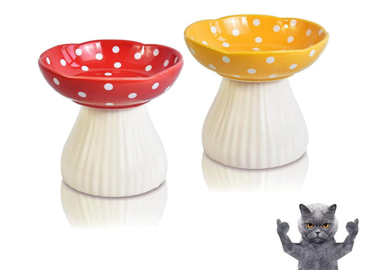 Mushroom Cat Bowl,Whisker Fatigue Cat Bowl,Cute Cat Bowls,Elevated Cat Food Bowl, Lead & Cadmium Free Ceramic Cat Bowls for Food and Water. (Red+Yellow)
