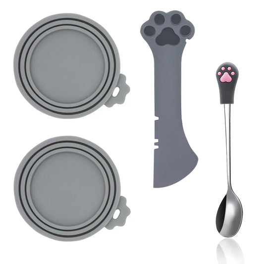 SJANE Cat Food Can Spoons & Can Lids | 4 Pcs | Multi-function Opener | Silicone Pet Food Covers | Stainless Steel Wet Food Spoon for Cats and Dogs(Grey)