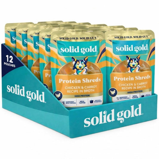 Solid Gold Protein Shreds Dog Food Topper for Dry Food- High Protein Meal Toppers for Dogs w/Chicken Shreds, Broth, Carrots & Superfoods to Supports Muscle Growth, Gut Health & Immunity -12 Pouches