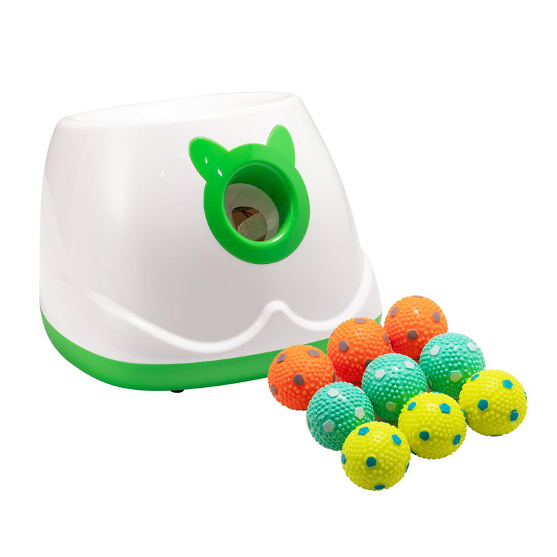 WIGGLYTAIL Automatic Ball Launcher for Dogs, Dog Fetch Ball Thrower Launcher, 4 Adjustable Distances, Interactive Pet Self Playing for Small Dogs and Puppies with 9 Balls (2 inches)