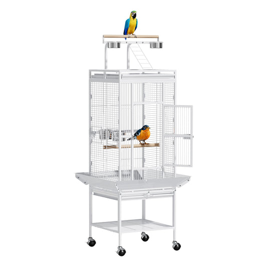VINGLI Bird Cage with Wheels, 62 inch Bird Cages with Play Top, Wrought Iron Cage with Rolling Stand for Parrots, Cockatiels, Budgies, Lovebirds, Small/Medium Birds (White)