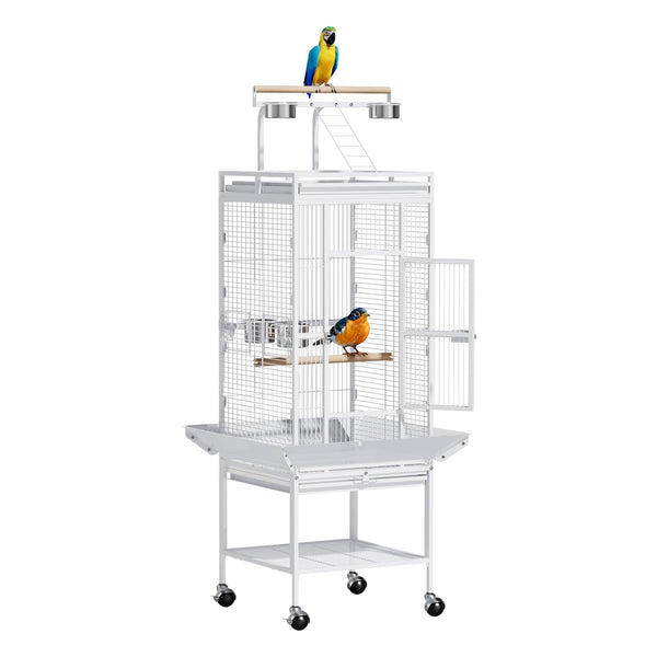 VINGLI Bird Cage with Wheels, 62 inch Bird Cages with Play Top, Wrought Iron Cage with Rolling Stand for Parrots, Cockatiels, Budgies, Lovebirds, Small/Medium Birds (White)