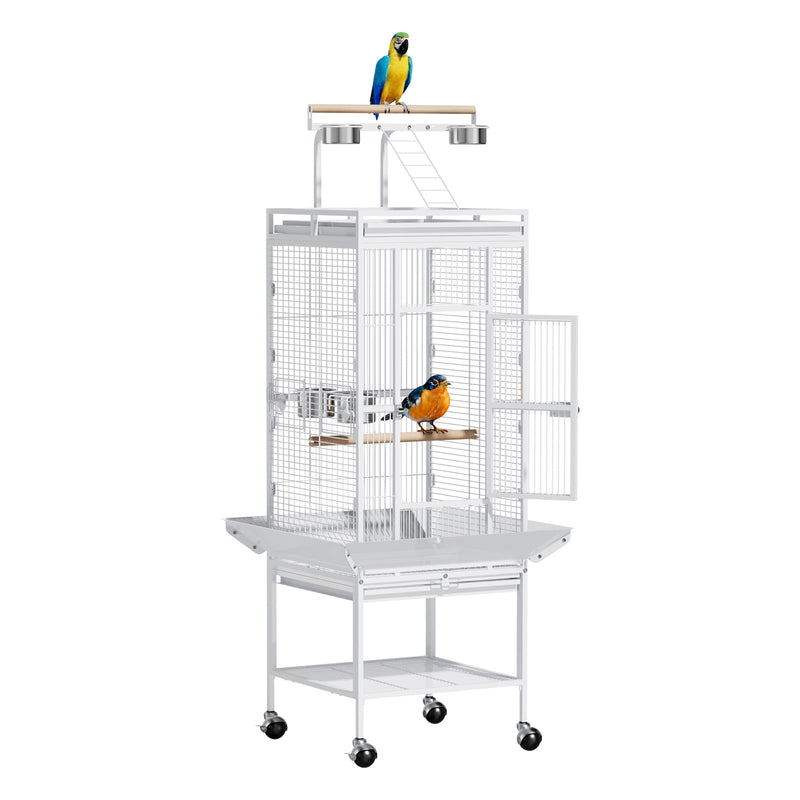 VINGLI Bird Cage with Wheels, 62 inch Bird Cages with Play Top, Wrought Iron Cage with Rolling Stand for Parrots, Cockatiels, Budgies, Lovebirds, Small/Medium Birds (White)