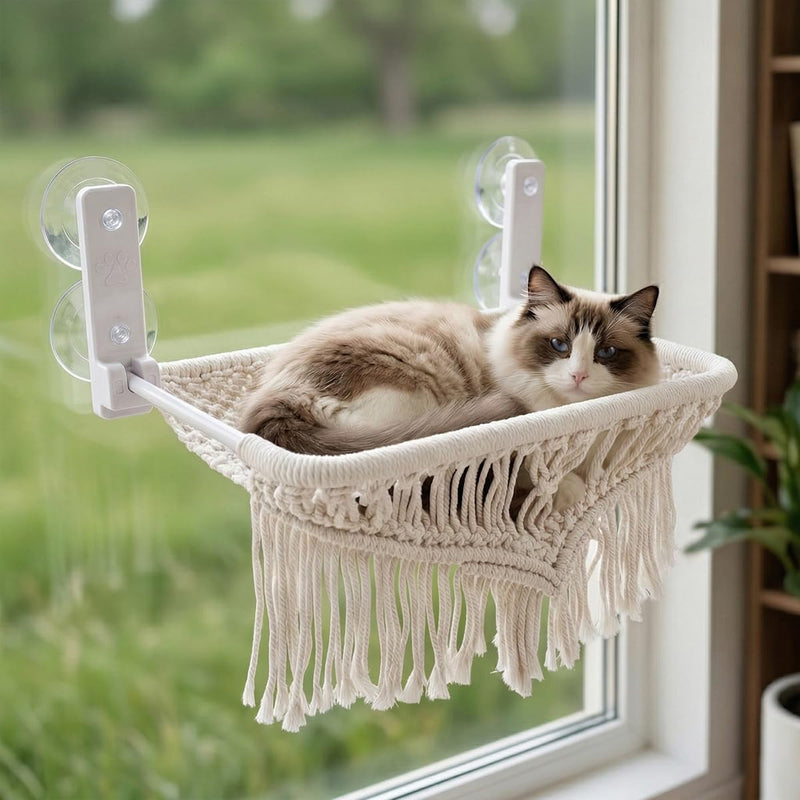 nets Tribe Cat Hammock & Window Perch w/ 4 Suction Cups, Foldable Adjustable Boho Cotton Rope Pet Hammock Bed & Cat Shelves for Indoor Cats/Small Animals - All-Season Sleeping, Lounging, Climbing