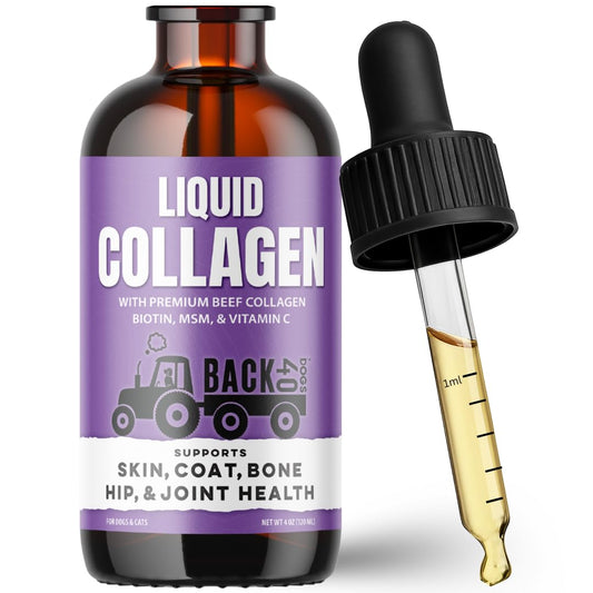 Back 40 Dogs Premium Grass-Fed Liquid Collagen for Dogs Skin and Coat, Hips and Joints | Allergy Relief with Biotin, Vitamin C and MSM for Joint, Nails & Immunity | Made in USA
