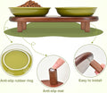 SPUNKYJUNKY Shallow Elevated Cat Bowl with Acacia Wood Stand Wide Raised Ceramic Cat Dishes Whisker Friendly Pet Food an