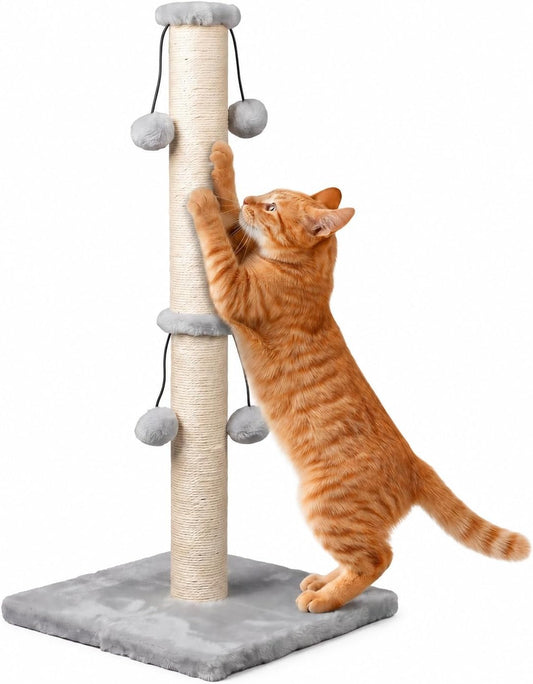 Dimaka 29'' Cat Scratching Post, Natural Sisal Rope Scratcher Post, Kitten Claw Scratch with 4 DanglingToy Balls for Large Cats (Grey)