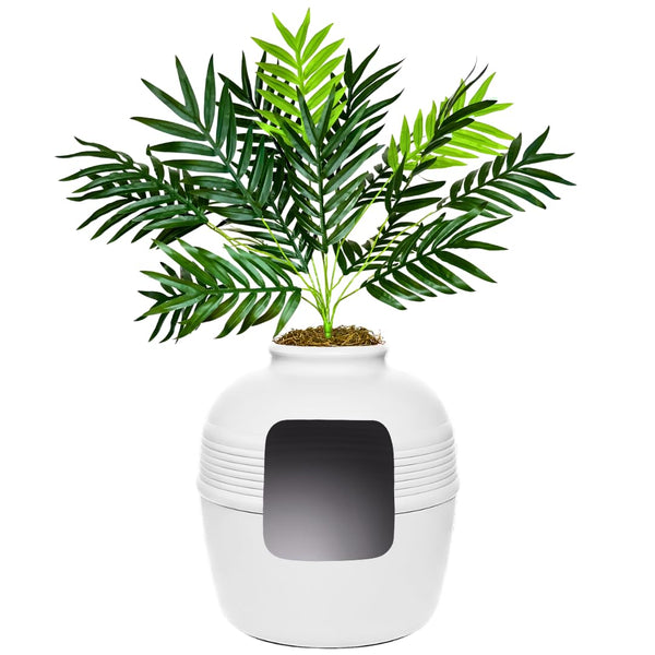 Good Pet Stuff Hidden Litter Box Planter, Decorative Cat Litter Enclosure with Carbon Filter & Faux Plant, Made in USA, Odor Control, Improved Design, NEW Round Style, Base Kit, Classic White