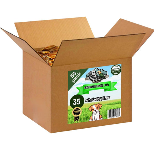 Exquisite Pets 35-Pack of Roasted Pig Ears for Dogs-Bulk All Natural, Brazilian Single-Ingredient Chews! Safe & Digestible-Full-Size Ears! Cleans Teeth & Gums. Aggressive Chewers. Treats for Dogs