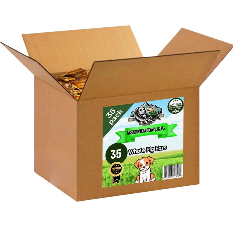 Exquisite Pets 35-Pack of Roasted Pig Ears for Dogs-Bulk All Natural, Brazilian Single-Ingredient Chews! Safe & Digestible-Full-Size Ears! Cleans Teeth & Gums. Aggressive Chewers. Treats for Dogs