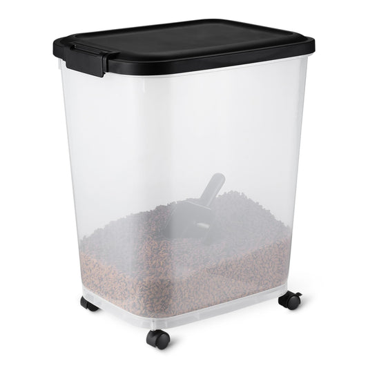 Amazon Basics Pet Food Storage Container with Wheels, BPA-Free, Detachable Scoop, 30lbs Capacity, Reliable Seal