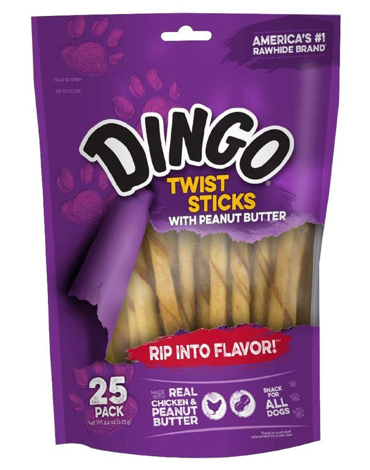 Dingo Twist Sticks with Peanut Butter; Rawhide Treats for Small, Medium, and Large Dogs 25-Count