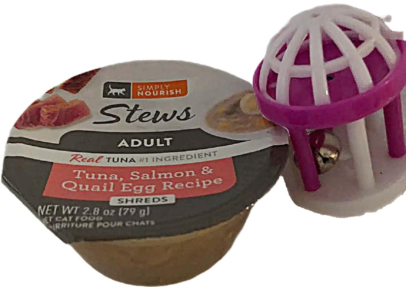 SIMPLY NOURISH Adult Cat Stew Shreds 6-2.8 Ounce Cups. Plus Cat Toy Will Vary. (Tuna,Salmon & Quail Egg Recipe)