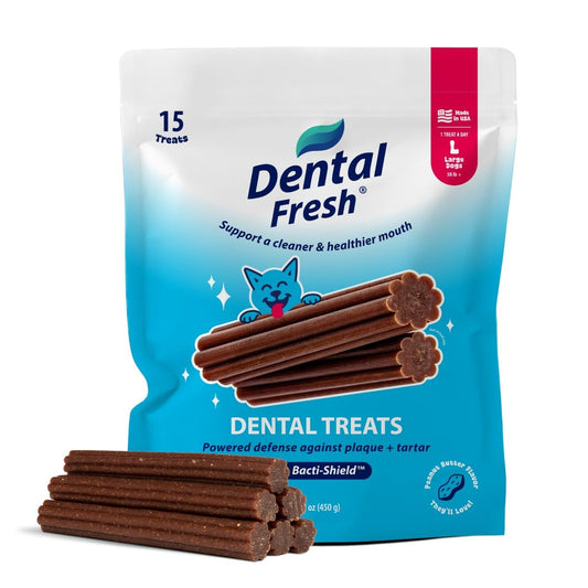 Dental Fresh Dental Treats for Large Dogs, Vet-Formulated Teeth Cleaning Dental Sticks to Help Reduce Plaque and Tartar and Freshen Breath, 15 Count Brush Free Dental Chews for Dogs 50 lbs and Up