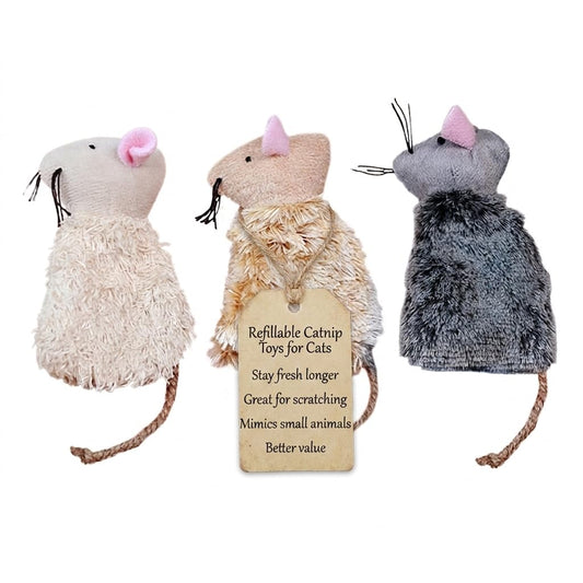 Ipetboom Refillable Catnip Toys for Cats - 3 Pack Interactive Cat Chew Toys for Indoor with Natural Long Fur and Jute Tail, Durable Plush Mouse Pet Fun Tool for Hunting and Boredom Relief