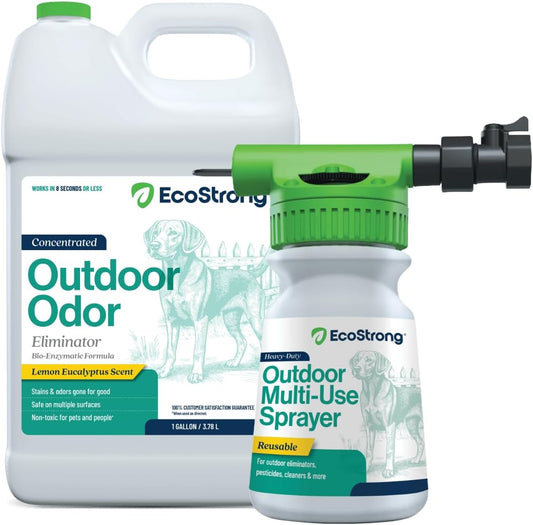 Eco Strong Outdoor Odor Eliminator | Outside Dog Urine Enzyme Cleaner – Powerful Pet, Cat, Animal Scent Deodorizer | Professional Strength for Yard, Turf, Kennels, Patios, Decks (Gallon with Sprayer)