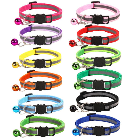 12-Pack Safety Release Reflective Cat Collars with Bell - Breakaway Buckle, Night Visibility, Anti-Hunting Bell - Adjustable Kitten & Adult Cat Collars (12 Multicolor)