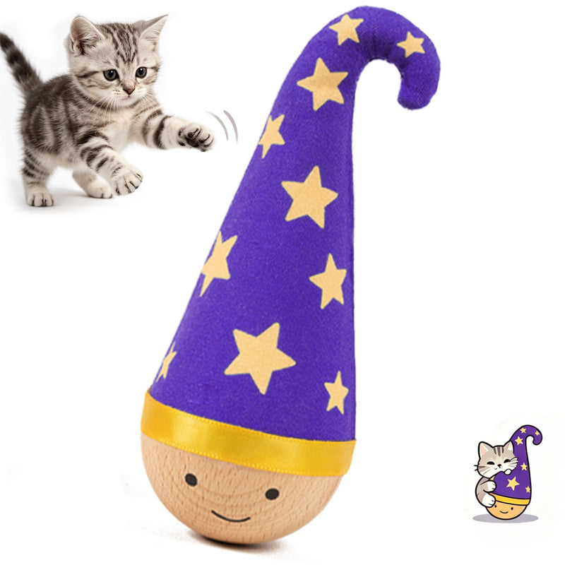 Lulu's world Wooden Interactive Cat Toy with Catnip - Nienie Tumbler Wobble Toy for Indoor Cats, Self-Righting Chaser with Wizard Hat & Stars (Purple)