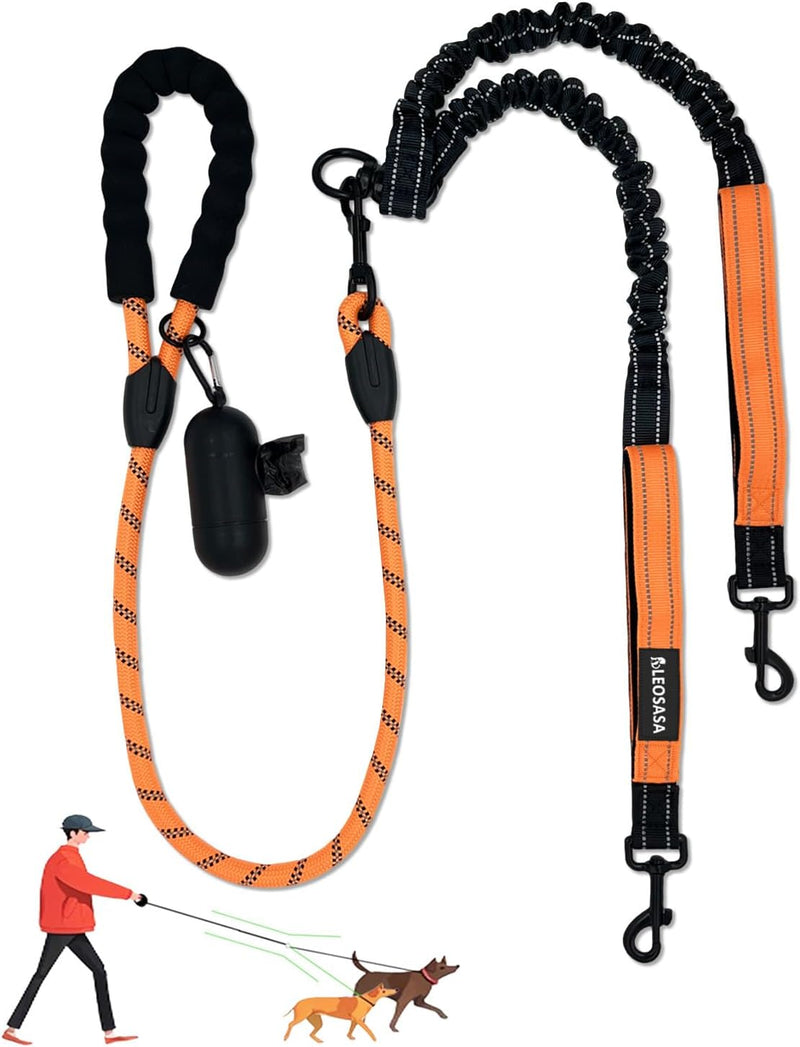 Double Dogs Leash - Removable Main Lead Rope with Splitter, No Tangle 2 Dog Coupler, Reflective No Pull Bungee, 3 Handle