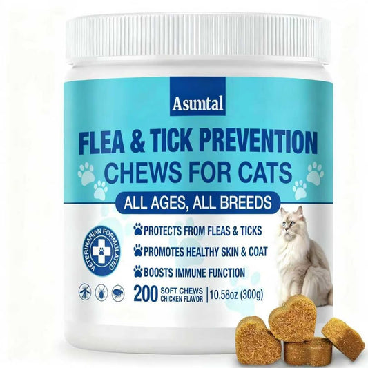 Flea and Tick Prevention for Cats Chewable, Natural Cat Flea Treatment, Oral Kitten Cat Flea & Tick Control, Flea Pills Supplement with Vitamins Support Immune, Skin & Coat, 200 Soft Chews (Chicken)