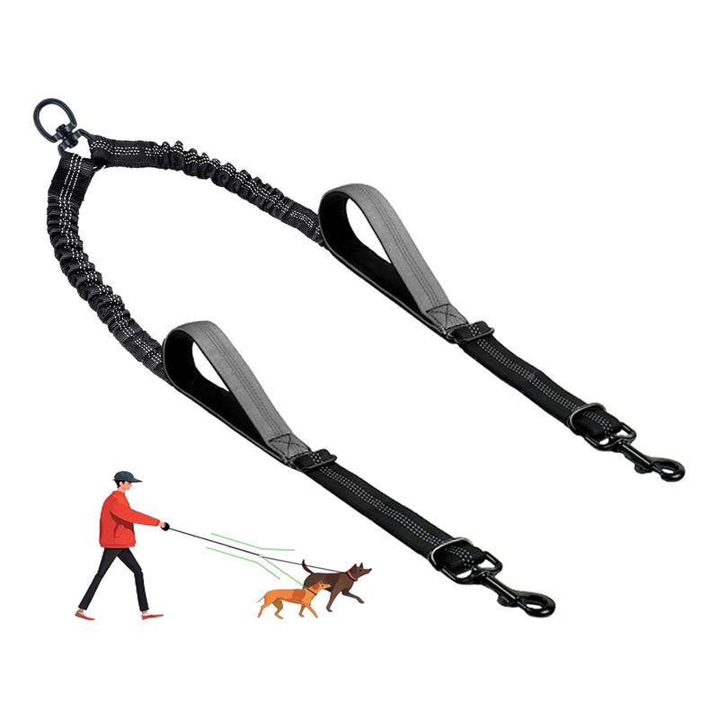 LEOSASA Double Dog Leash - No Tangle Splitter for Two Dogs, Coupler with Adjustable Long Lead Rope, Dual Control Handles, Retractable No Pull Bungee, Walk Train Small Medium Large 2 Pets (Grey)
