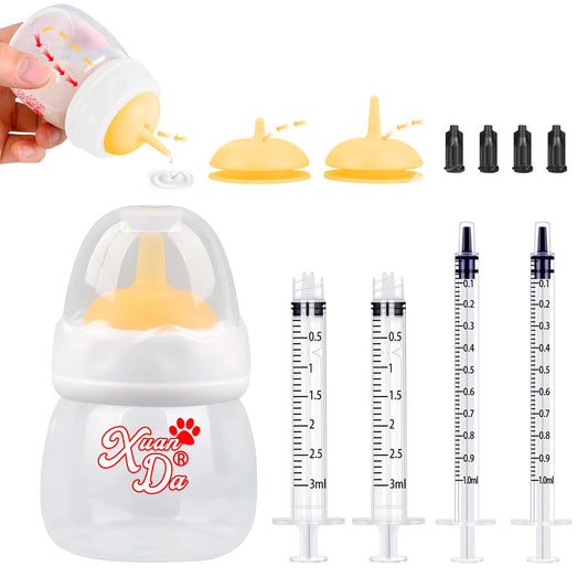 Xuanda Pet Feeding Bottle and Syringes,60ml Nursing Bottle, 3 Sizes Nipples with Ventilation Valve Resistant Tearing Perfect for Puppies, Kittens, Small Wildlife (Yellow)