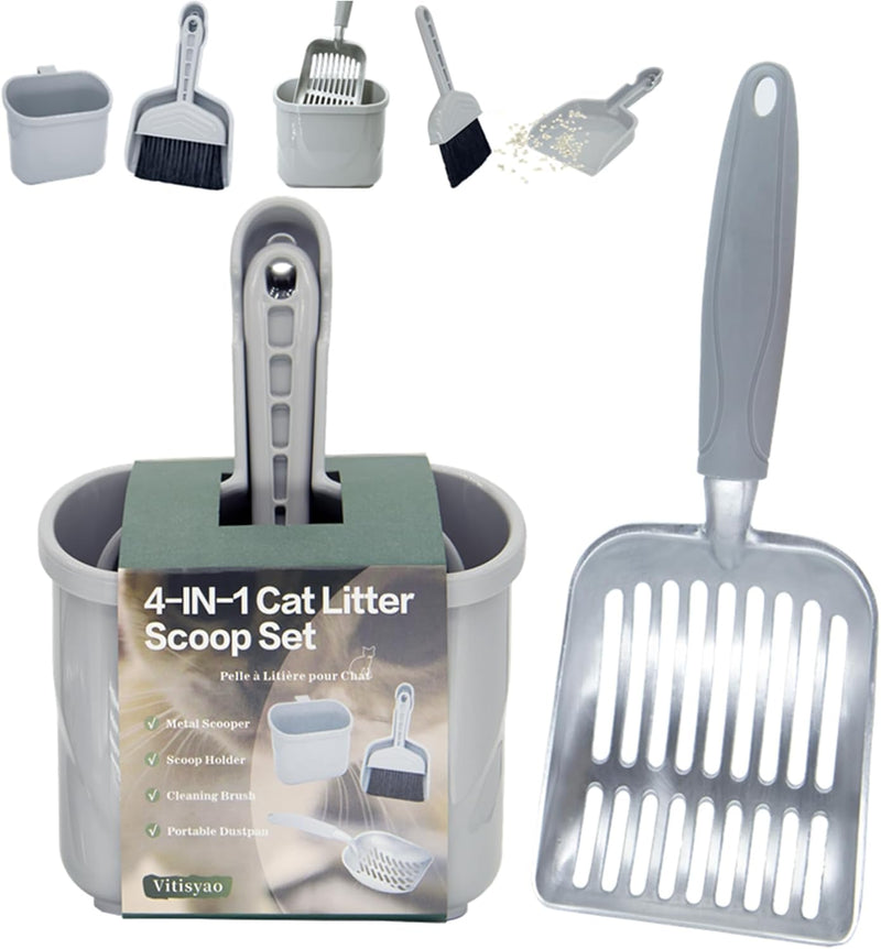 Vitisyao 4-in-1 Cat Litter Scoop with Holder, Cat Litter Box Organizer Cleanup Kit - Sweeper & Dustpan, Aluminum Kitty Litter Scooper and Storage Caddy (Gray)