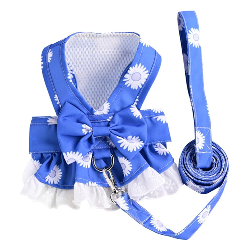 Anelekor Dog Harness Dress for Small Dog Daisy Floral Dog Harness and Leash Set Bow Knot Girl Puppy Princess Skirt with D-Ring Mesh Summer Pet Clothes for Cat Dogs (Small, Blue)