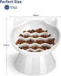 Ceramic Slow Feeder Cat Bowl, 2 Cups Tilted Elevated Cat Slow Feeder Bowl for Dry and Wet Food, Honeycomb Design for Preventing Vomiting & Bloating (White-Cute Kitten)