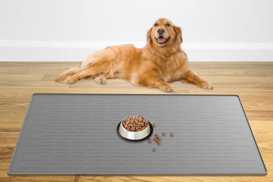 48" x 32" XXXL Largest Pet Food Mat, Silicone Dog Mats for Food and Water, Nonslip Pet Feeding Mats for Floors,Dog Cat Bowl Mat with Raised Edges, Light Gray