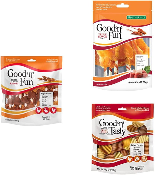 Good'n'Fun Combo Pack Triple Flavor Rawhide Kabobs 24oz, Good 'N' Fun Triple Flavor Wings 4oz & Good 'n' Tasty Wavy Chip