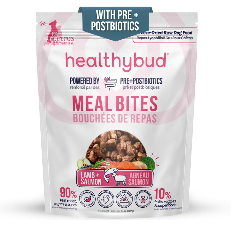 healthybud Raw Dog Food Freeze Dried Bites, Grain Free Dehydrated Small Chewy Bites, Dry Dog Treats & Toppers, Human Grade High Protein Puppy Food for All Breeds and Sizes, 14.1 oz (Lamb and Salmon)