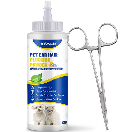Ninibabie Upgraded Dog Ear Powder with 5.5 Inch Hair Removal Tool, Pet Ear Grooming Cleaner for Wax and Odor Control, Absorbs Moisture & Soothes Ears