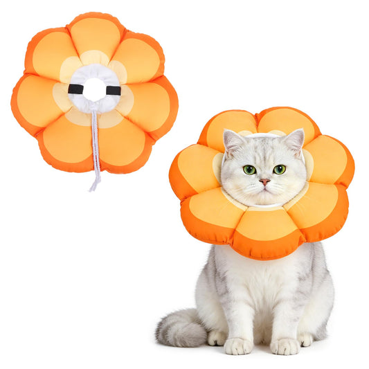 PUPTECK Cat Cone Collar Soft, Adjustable Collar Protective Recovery Alternative, Comfortable Elizabethan Flower Pet Collar Lightweight Stop Licking Neck Cone for Cats After Surgery, Orange M