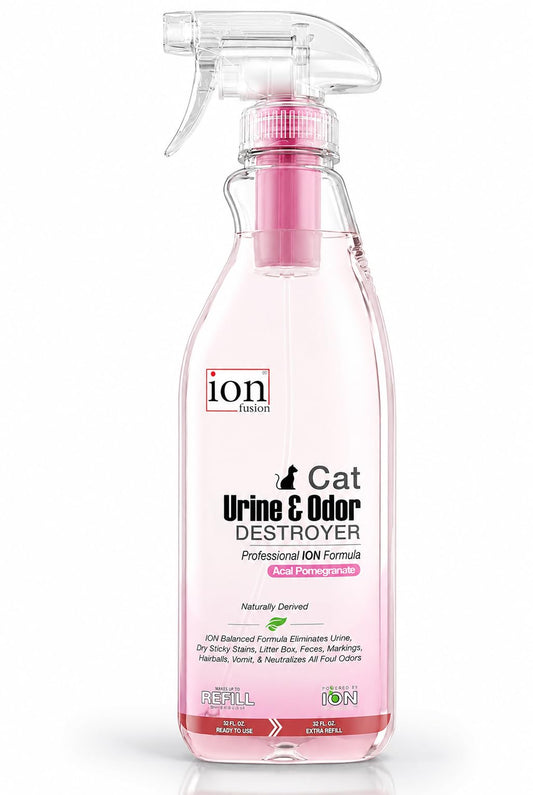 ION Fusion Cat Urine Odor Eliminator for Strong Odor, Dissolve Odors on Molecular Basis, Cat Litter Deodorizer Odor Absorber, Pet Stain Remover, Patent Refill Pod, Non-Enzymatic Formula, 32oz + Refill