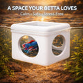 White Floating Betta Hideout with Round Side Holes – 3D Floating Breeding Box & Resting Cave with Window – Feeding Platf