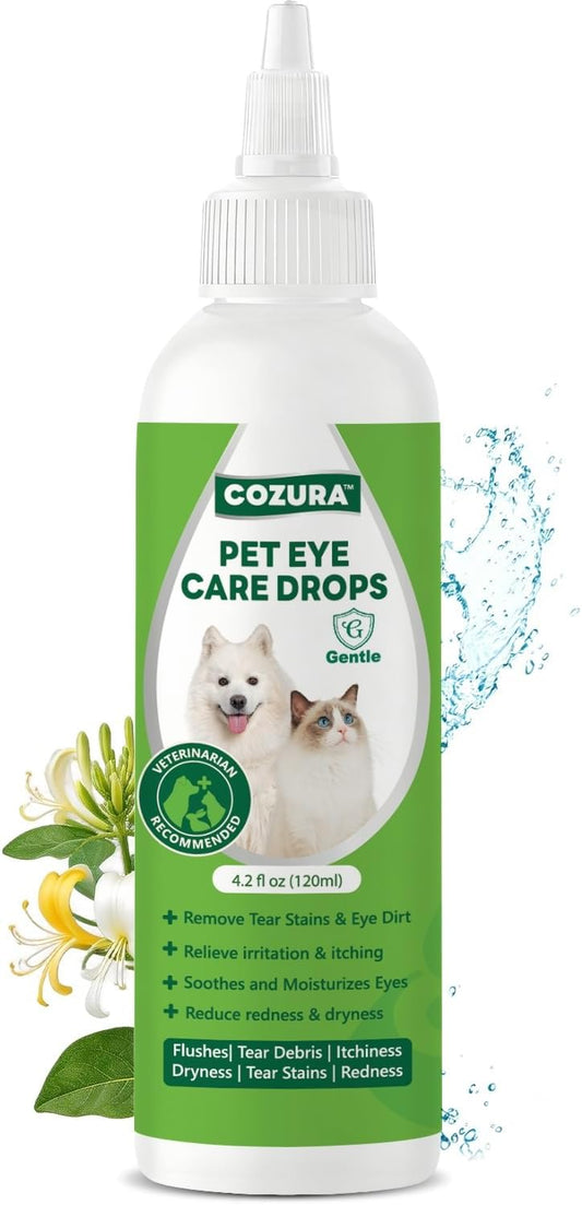 Cozura Dog Eye Drops for Allergies & Itching - Relief for Dry Red Eyes, Tear Stain & Discharge, Pet Eye Wash for Dogs & Cats - Gentle Sting-Free Pet Eye Cleaner, 4.2 fl zo