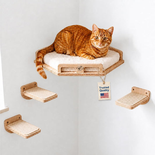 CUBHUG Cat Wall Shelves for Cats & Kitten up to 25 lb – Solid Wood Cozy Corner Bed + Cushion with 2 Washable Covers +3 Wooden Steps, Safe Haven for Indoor Cats, Cat Shelves for Wall, Wood Color
