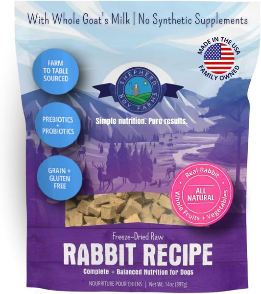 Shepherd Boy Farms Freeze Dried Raw Dog Food, Rabbit Recipe, All Natural, No Synthetics, Made in USA with Goat's Milk & Organic Produce, High Protein, Complete Meal (14oz)