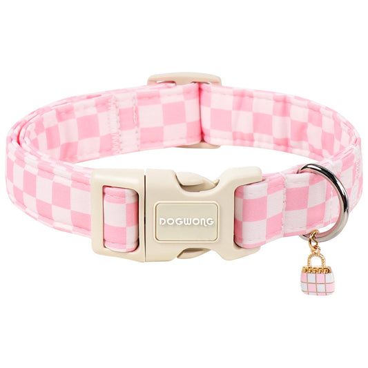 DOGWONG Girl Dog Collar for Medium Dogs, Pink Checked Dog Collars, Pink Checked Dogs Collars for Small Medium Dogs, Neck 14-21 inches