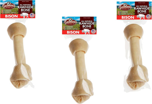 (3 Pack) Tasman's Natural Pet All-Natural Buffalo (Bison) Collagen-Based Bones, Large 9-10". Traditional Rawhide Alterna