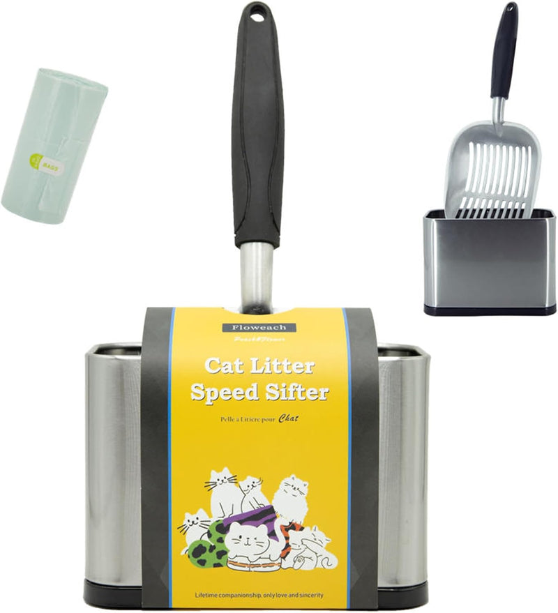 Heavy-Duty Cat Litter Scoop with Holder&Litter Bags, Metal Cat Scooper with Bags, Stainless Steel Kitty Poop Sifting Sho