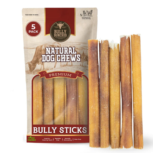 Bully Bunches Premium (6" Standard - 5 Pack) Odor-Free Bully Sticks for Small to Medium Dogs & Puppies - Consistently Sized, Long Lasting Chews for Oral Care - All Natural, 100% Beef Dog Treats