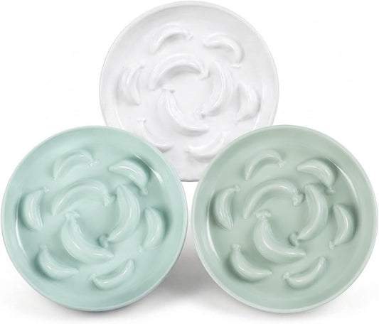 Melamine Slow Feeder Cat Bowls - 3 Pack Cat Food Dishes, 6.3 Inch Wide Opening Whisker Friendly Maze Plates for Dry and Wet Food, Dishwasher Safe, White, Blue, Green