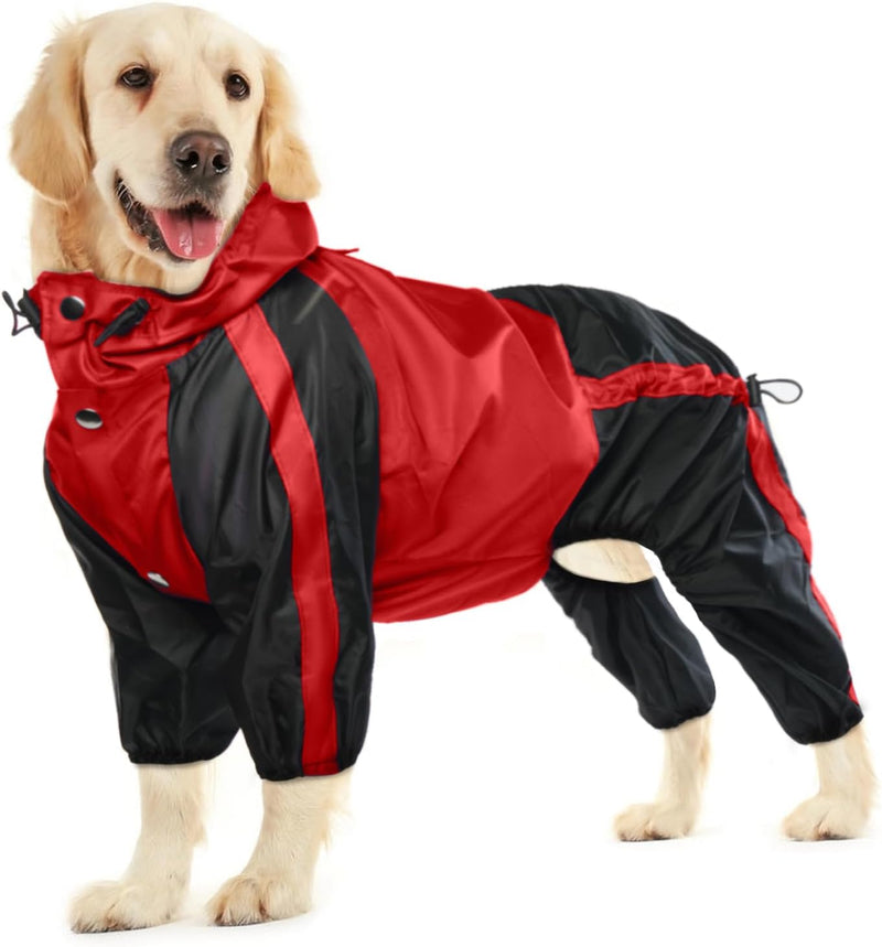 Dog Raincoat, 4 Leg Waterproof Dog Rain Jacket with Hood, Red L