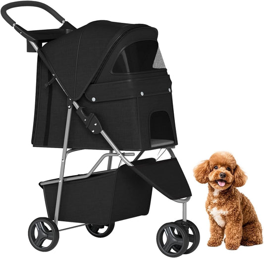 BestPet | 3-Wheel Pet Stroller | Dog and Cat Stroller | Breathable Mesh | Lightweight Travel Carrier | Waterproof & Foldable Design | Storage Basket | Black | for Daily Walks & Outdoor Use