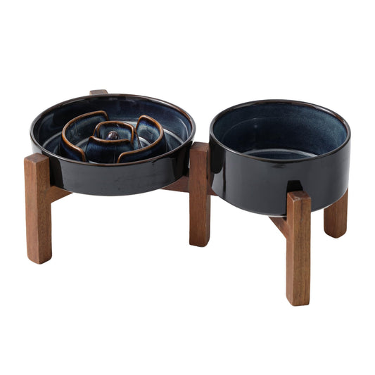 Havniva 1.2 Cup Elevated Slow Feeder Dog Bowls, 7.3” Dog Slow Feeding Bowls + 6.1” Ceramic Dog Water Bowls Set with Acacia Wood Stand, Dog Food Bowls Puzzle Feeder for Small Dogs Non-Slip Anti-choking