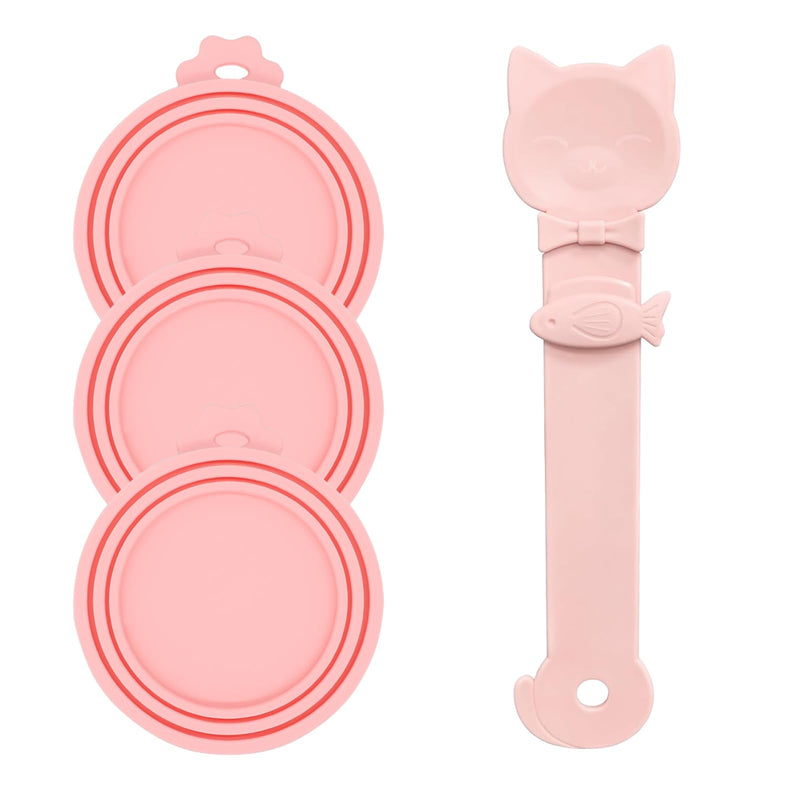 DORUI Cat Treat Spoon Squeeze & 3 Pcs Can Lids | Cat Treat Feeder for Liquid Snack | Universal Silicone Pet Can Covers BPA Free | Churu Spoon Dispenser(Pink)